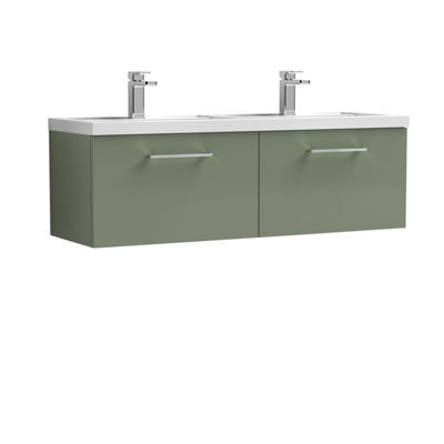 Balterley Bramshall 1200mm Wall Hung 2 Drawer Vanity Unit With Double Basin For Modern Bathroom Storage - Satin Green - image 1