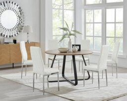 Furniturebox Uk Santorini Brown Wood Effect Round Dining Table & 6 White Milan Chrome Leg Chairs