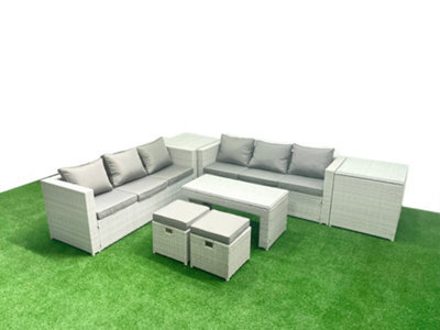 Fimous 8 Seater Garden Outdoor Rattan Furniture Set Rattan Garden Sofa Oblong Coffee Table 2 Stool 2 Side Tables Light Grey - image 1