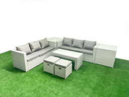 Fimous 8 Seater Garden Outdoor Rattan Furniture Set Rattan Garden Sofa Oblong Coffee Table 2 Stool 2 Side Tables Light Grey - thumbnail 2
