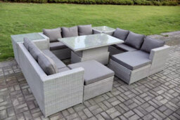 Fimous 11 Seater Pe Rattan Garden Funiture Set Adjustable Rising Lifting Table Sofa Dining Set With 2 Side Tables - thumbnail 3