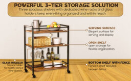 Hygrad Built to Survive Kitchen Cart 3 Tier Rolling Industrial Design Rustic Look Wooden Kitchen Food Serving Cart Trolley With Wheels & Glass Hooks - thumbnail 9
