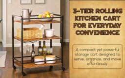 Hygrad Built to Survive Kitchen Cart 3 Tier Rolling Industrial Design Rustic Look Wooden Kitchen Food Serving Cart Trolley With Wheels & Glass Hooks - thumbnail 7