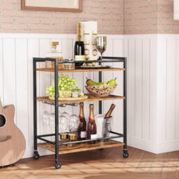 Hygrad Built to Survive Kitchen Cart 3 Tier Rolling Industrial Design Rustic Look Wooden Kitchen Food Serving Cart Trolley With Wheels & Glass Hooks - thumbnail 3