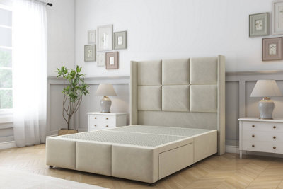 "Sloomy Beaumont Cream Plush Divan Bed Base No Drawers - 54"" Wingback Headboard & 12"" Footboard 4'6 Double" - image 1