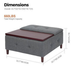 With Table Grey Linen Fabric Large Square Storage Ottoman With Lift Top - thumbnail 2