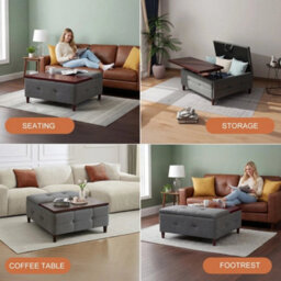 With Table Grey Linen Fabric Large Square Storage Ottoman With Lift Top - thumbnail 4