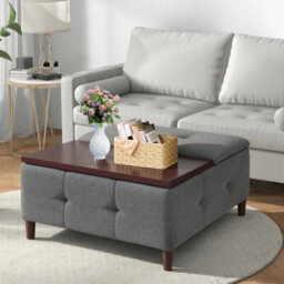 With Table Grey Linen Fabric Large Square Storage Ottoman With Lift Top - thumbnail 1