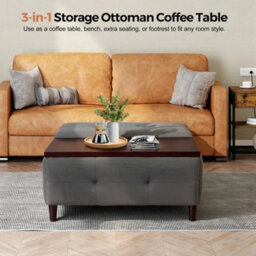 With Table Grey Linen Fabric Large Square Storage Ottoman With Lift Top - thumbnail 5