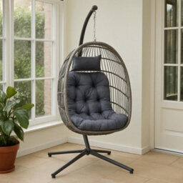 Samuel Alexander Grey Rattan Hanging Egg Chair With Stand & Cushions For Indoor Use - thumbnail 1