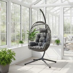 Samuel Alexander Grey Rattan Hanging Egg Chair With Stand & Cushions For Indoor Use - thumbnail 2
