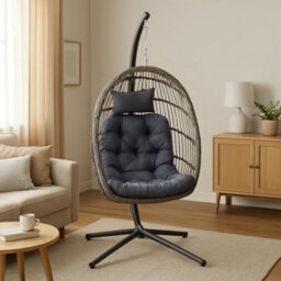 Samuel Alexander Grey Rattan Hanging Egg Chair With Stand & Cushions For Indoor Use - thumbnail 3