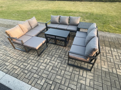 Fimous Aluminium Outdoor Garden Furniture Set Lounge Sofa Oblong Coffee Table 3 Footstools Side Table Sets With Cushions - image 1
