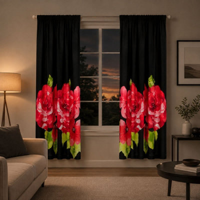 "Smart Living Grace Floral Curtains Pair With Tie Backs - Large Flower Print- Black/red - 66""x72""" - image 1