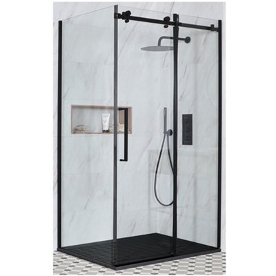 Homestylestore Black Reversible Corner Frameless Sliding Door Shower Enclosure With Graphite Slate Effect Tray 1500 X 800mm - image 1