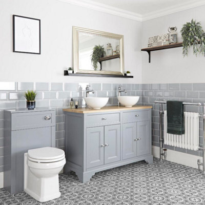 Homestylestore 1210mm Light Grey Bathroom Vanity Unit With 2 Countertop Basins And Wc Unit With Back To Wall Toilet - image 1
