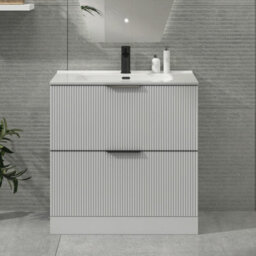 Royal Bathrooms Evora 800mm Matt White Fluted Floor Standing Bathroom Vanity Unit 2 Drawer Cabinet With Ceramic Basin & Matt Black Handles
