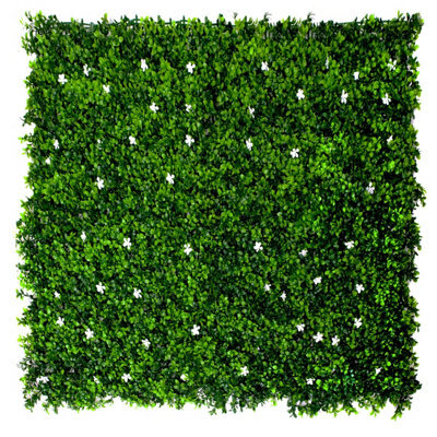 Greenbrokers Artificial Green Plant Wall Hedge With Green Leaf Foliage & White Flowers-Uv Stable (Pack Of 4) (1M X 1M) - image 1
