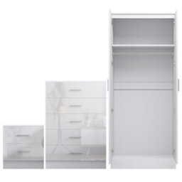 Reflect 2 Door Plain Wardrobe, 5 Drawer Chest, 2 Drawer Bedside - White Gloss & Matt White - Modern Bedroom Furniture Set - thumbnail 5