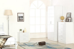 Reflect 2 Door Plain Wardrobe, 5 Drawer Chest, 2 Drawer Bedside - White Gloss & Matt White - Modern Bedroom Furniture Set