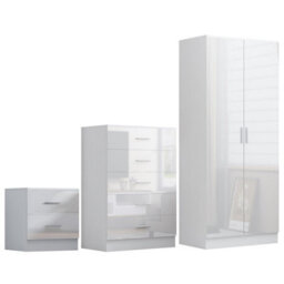 Reflect 2 Door Plain Wardrobe, 5 Drawer Chest, 2 Drawer Bedside - White Gloss & Matt White - Modern Bedroom Furniture Set - thumbnail 6