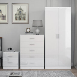 Reflect 2 Door Plain Wardrobe, 5 Drawer Chest, 2 Drawer Bedside - White Gloss & Matt White - Modern Bedroom Furniture Set - thumbnail 3