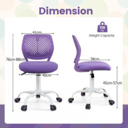 Costway Kids School Desk Chair Ergonomic Study Chair Rolling Swivel Task Chair W/ Adjustable Height Purple - thumbnail 3