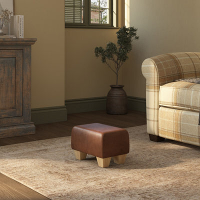 Rust Brown Natural Wood Chunky Legs Italian Leather Small Footstool  Handmade Uk By Footstools Direct - image 1