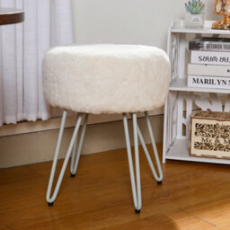 Living And Home White Round Plush Cute Makeup Dressing Table Stool With Padded Steel Legs