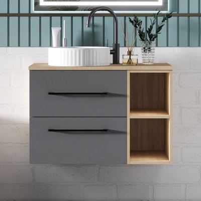 Sline 790mm Wall-Hung Bathroom Vanity Unit With 2 Soft Close Drawers For Storage,ceramic Basin, Oak, Anthracite, Flat Packed - image 1