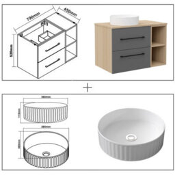 Sline 790mm Wall-Hung Bathroom Vanity Unit With 2 Soft Close Drawers For Storage,ceramic Basin, Oak, Anthracite, Flat Packed - thumbnail 2
