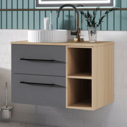 Sline 790mm Wall-Hung Bathroom Vanity Unit With 2 Soft Close Drawers For Storage,ceramic Basin, Oak, Anthracite, Flat Packed - thumbnail 4