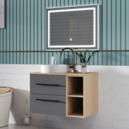 Sline 790mm Wall-Hung Bathroom Vanity Unit With 2 Soft Close Drawers For Storage,ceramic Basin, Oak, Anthracite, Flat Packed - thumbnail 8