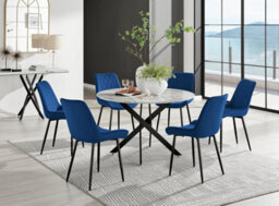 Furniturebox Uk Novara White Marble Black Leg 120Cm Round Dining Table & 6 Navy Pesaro Black Leg Chairs