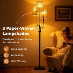 Costway 3-Light Floor Light Standing Tree Lamp With 3 Boho Paper Woven Lampshades - thumbnail 6