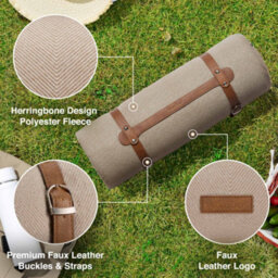 Vonshef Picnic Blanket, Green Herringbone Outdoor Rug With Waterproof Backing, 8 Person Weatherproof Travel Picnic Mat, 200X220Cm - thumbnail 3