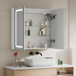 Thehotsale 2 Door Wall Mounted Bathroom Mirror Cabinet With Led And Shaver Socket - thumbnail 2