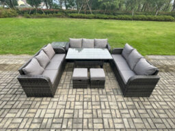 Fimous Patio Rattan Garden Furniture Set With Oblong Dining Table 2 Small Footstools Side Table 11 Seater Outdoor Lounge Sofa Set - thumbnail 1