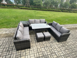 Fimous Patio Rattan Garden Furniture Set With Oblong Dining Table 2 Small Footstools Side Table 11 Seater Outdoor Lounge Sofa Set - thumbnail 2