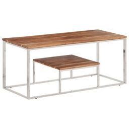 Berkfield Coffee Table Silver Stainless Steel And Solid Wood Acacia - thumbnail 1