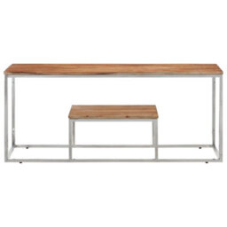 Berkfield Coffee Table Silver Stainless Steel And Solid Wood Acacia - thumbnail 2