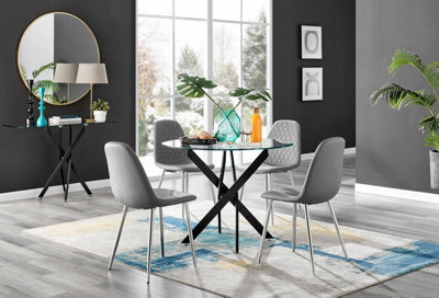 Furniturebox Uk Novara Black Leg Round Glass Dining Table & 4 Grey Corona Silver Chairs - image 1