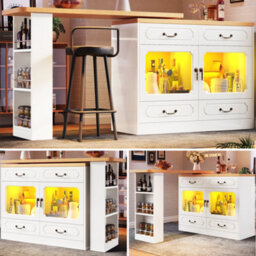 Btm 360 Rotating Kitchen Island With App Controlled Led Lights, Bar Table With 4 Drawers And Glass Cabinet, Dining Workstation