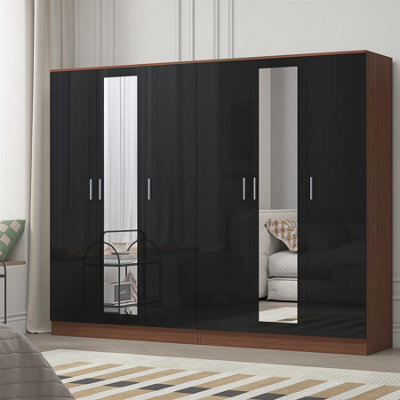 Reflect 2Pc Wardrobe Bundle - 3 Door Mirror + 3 Door Mirror - Black Gloss & Walnut - H: 180Cm X W: 224Cm X D: 47Cm - image 1