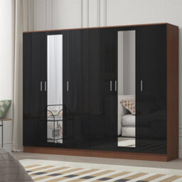Reflect 2Pc Wardrobe Bundle - 3 Door Mirror + 3 Door Mirror - Black Gloss & Walnut - H: 180Cm X W: 224Cm X D: 47Cm