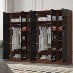 Reflect 2Pc Wardrobe Bundle - 3 Door Mirror + 3 Door Mirror - Black Gloss & Walnut - H: 180Cm X W: 224Cm X D: 47Cm - thumbnail 2