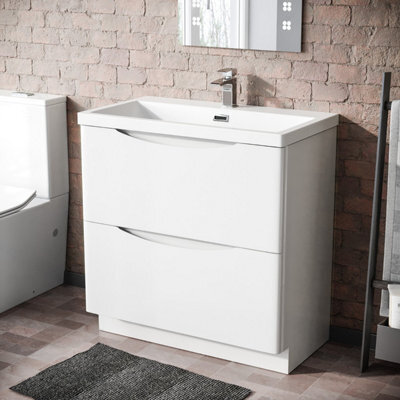 Nes Home Modern 800mm Freestanding Gloss White Basin Vanity Sink 2 Drawer - image 1
