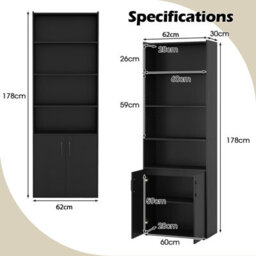 Costway 178 Cm Bookcase W/ 2-Door Cabinet 6-Tier Modern Storage Cabinet-Black - thumbnail 2