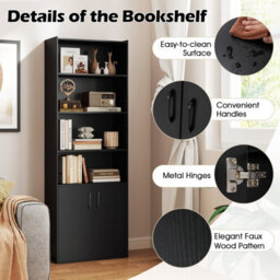 Costway 178 Cm Bookcase W/ 2-Door Cabinet 6-Tier Modern Storage Cabinet-Black - thumbnail 5