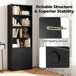 Costway 178 Cm Bookcase W/ 2-Door Cabinet 6-Tier Modern Storage Cabinet-Black - thumbnail 8